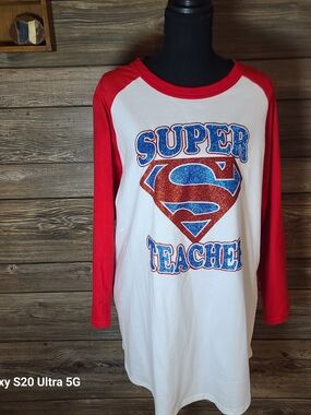 Sport-Tek White & Red "Super Teacher" Raglan Tee . NEW